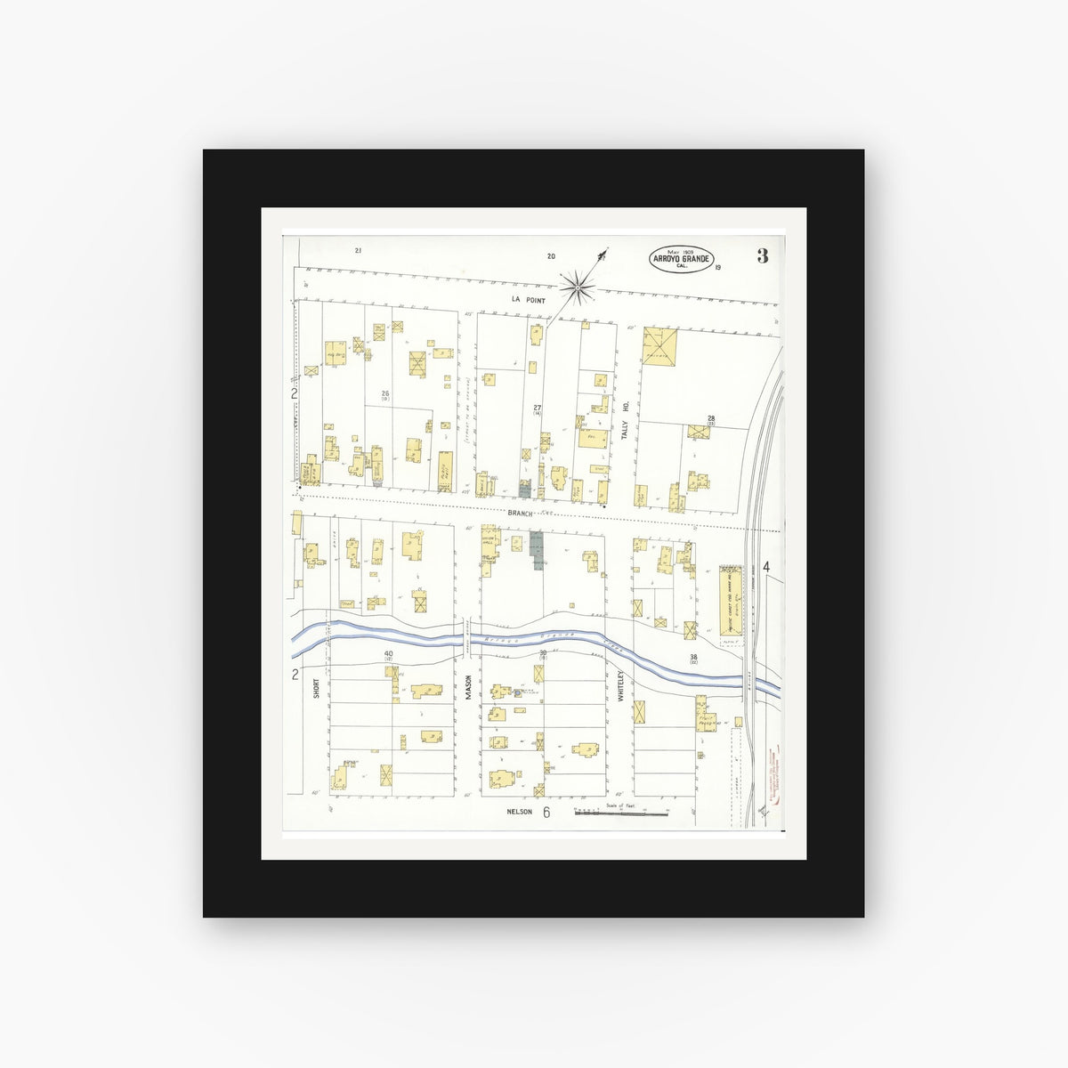 Old map wall art mockup — black gallery frame with white mat — Sanborn Fire Insurance Map from Arroyo Grande, San Luis Obispo County, California (1909), Sheet #0003