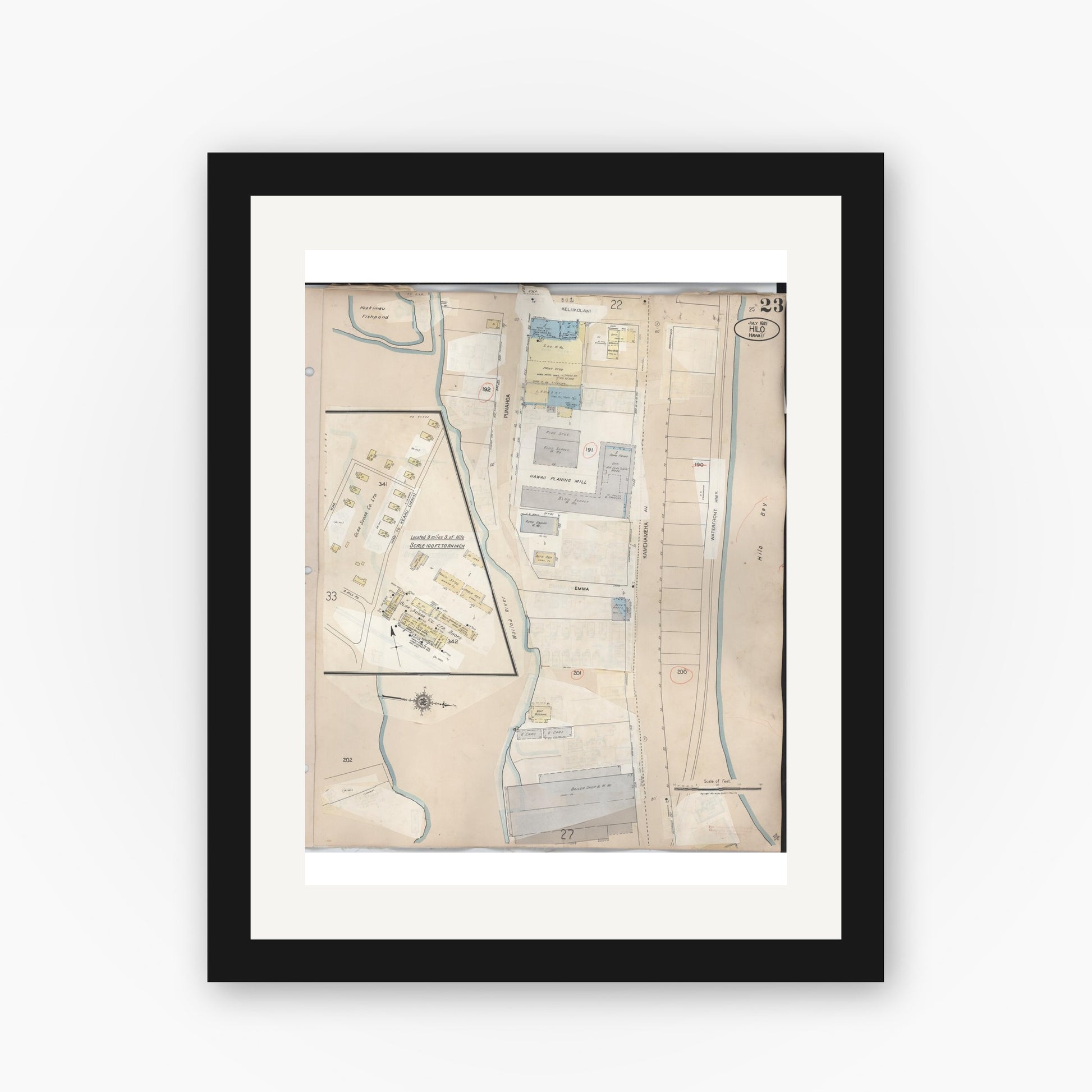 Old map wall art mockup — black gallery frame with white mat — Sanborn Fire Insurance Map from Hilo, Hawaii County, Hawaii (1957), Sheet #0023