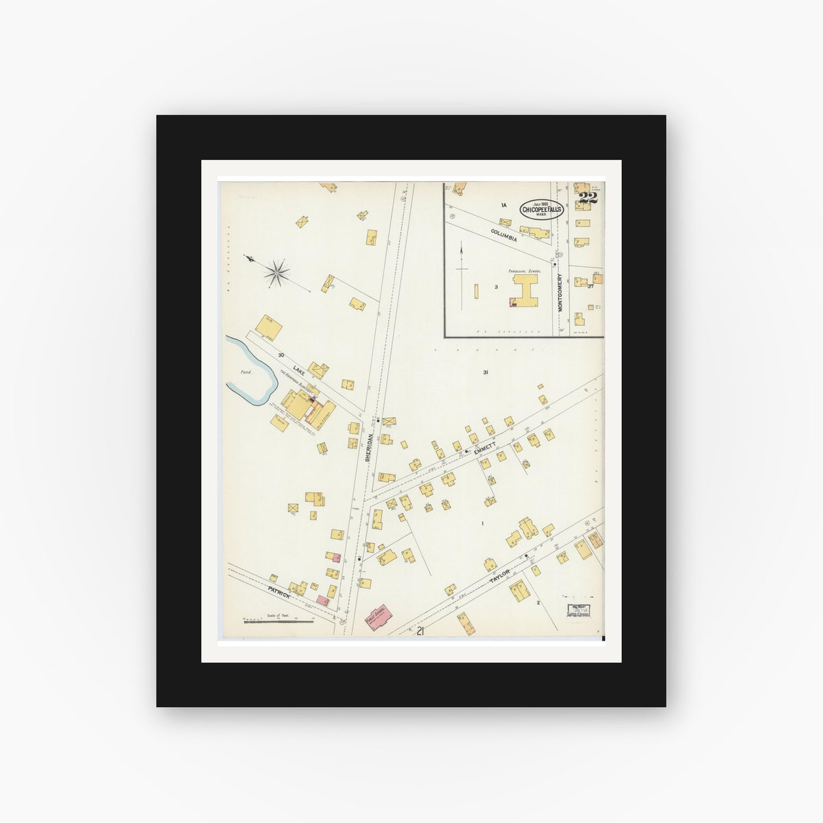 Old map wall art mockup — black gallery frame with white mat — Sanborn Fire Insurance Map from Chicopee, Hampden County, Massachusetts (1902), Sheet #0022