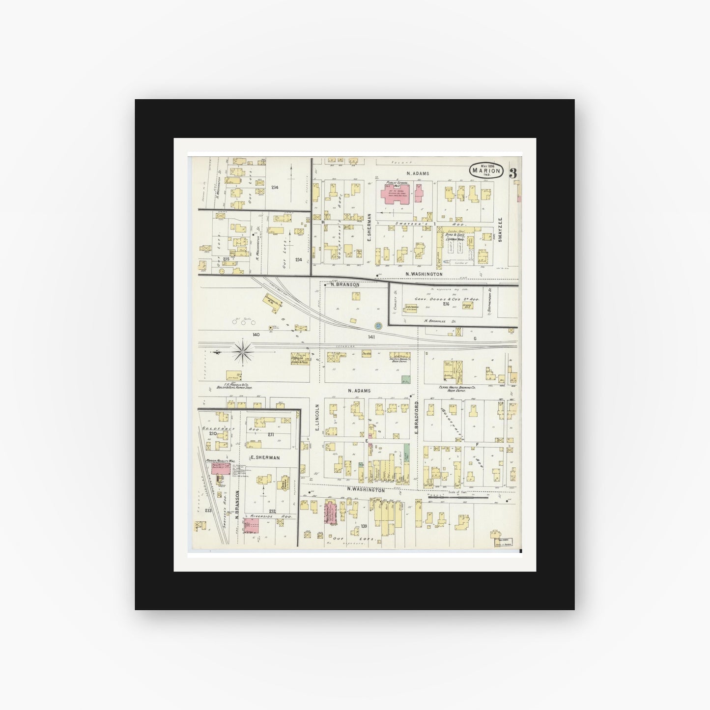 Old map wall art mockup — black gallery frame with white mat — Sanborn Fire Insurance Map from Marion, Grant County, Indiana (1896), Sheet #0003