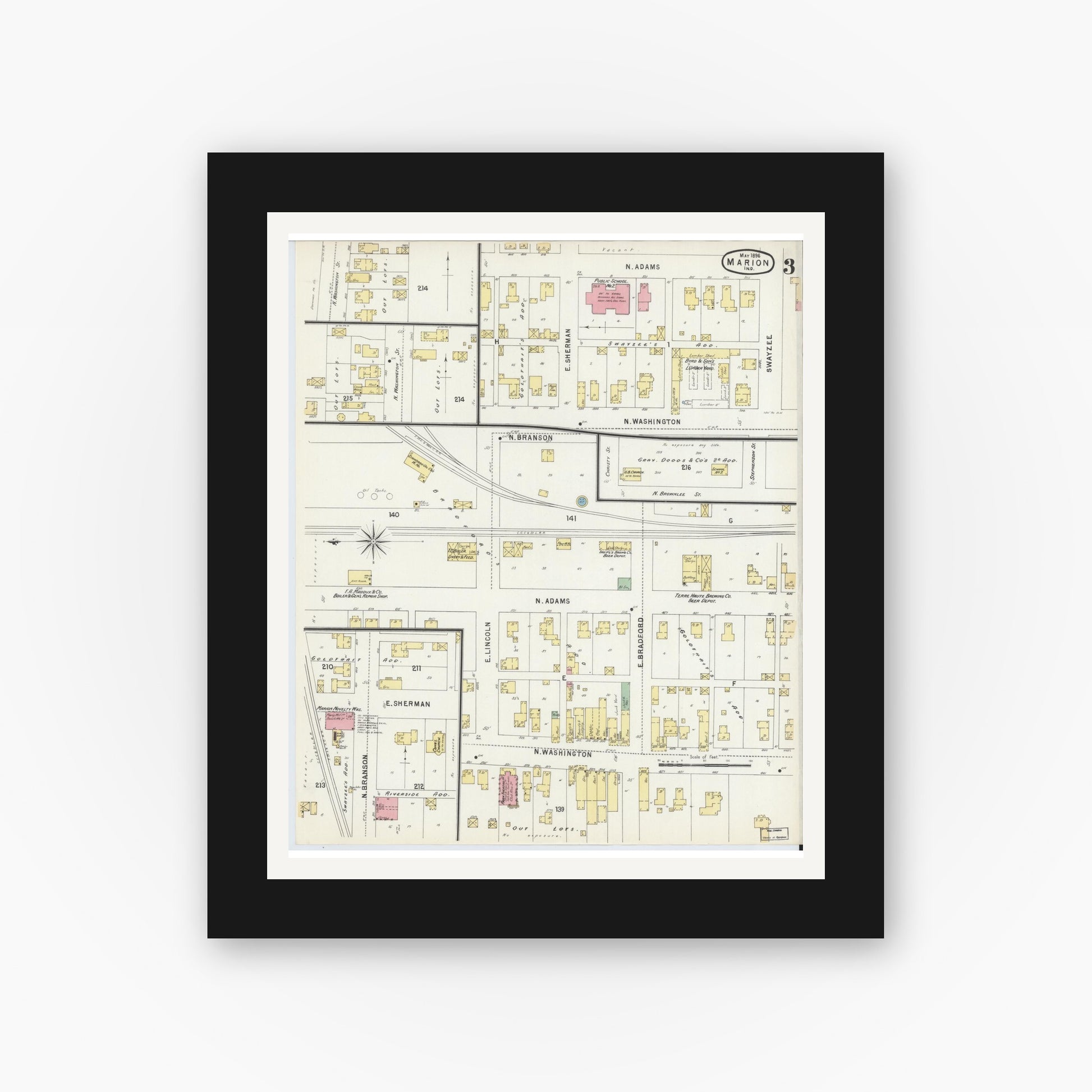 Old map wall art mockup — black gallery frame with white mat — Sanborn Fire Insurance Map from Marion, Grant County, Indiana (1896), Sheet #0003