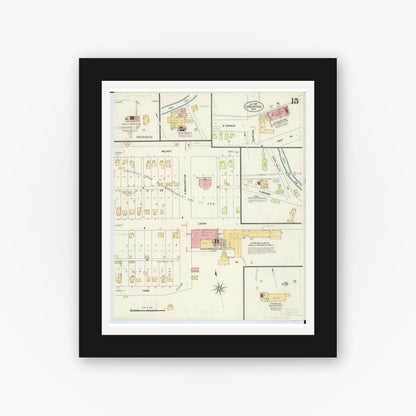 Old map wall art mockup — black gallery frame with white mat — Sanborn Fire Insurance Map from Circleville, Pickaway County, Ohio (1907), Sheet #0015