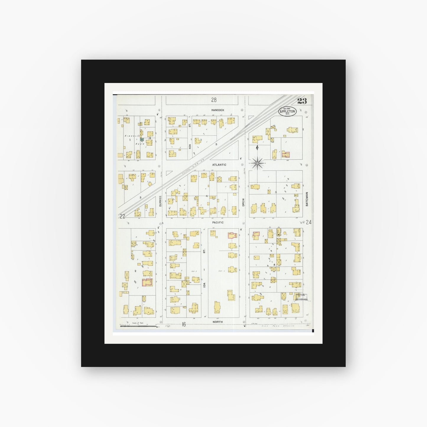 Old map wall art mockup — black gallery frame with white mat — Sanborn Fire Insurance Map from Appleton, Outagamie County, Wisconsin (1901), Sheet #0023