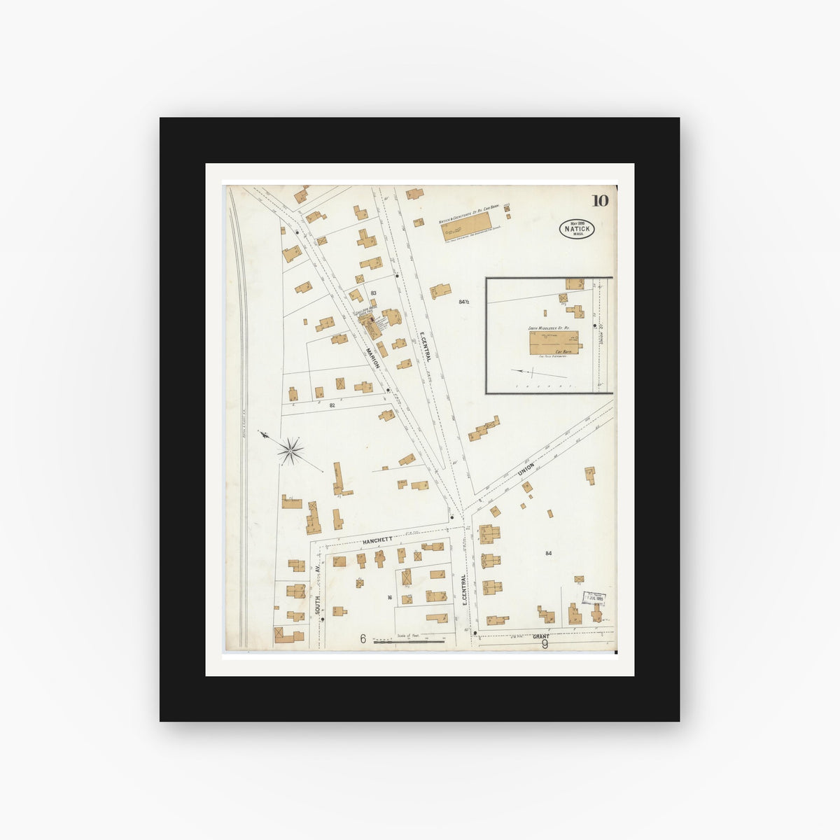 Old map wall art mockup — black gallery frame with white mat — Sanborn Fire Insurance Map from Natick, Middlesex County, Massachusetts (1899), Sheet #0010