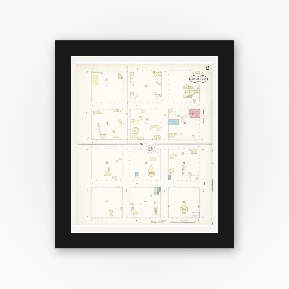 Old map wall art mockup — black gallery frame with white mat — Sanborn Fire Insurance Map from Crescent City, Del Norte County, California (1898), Sheet #0002
