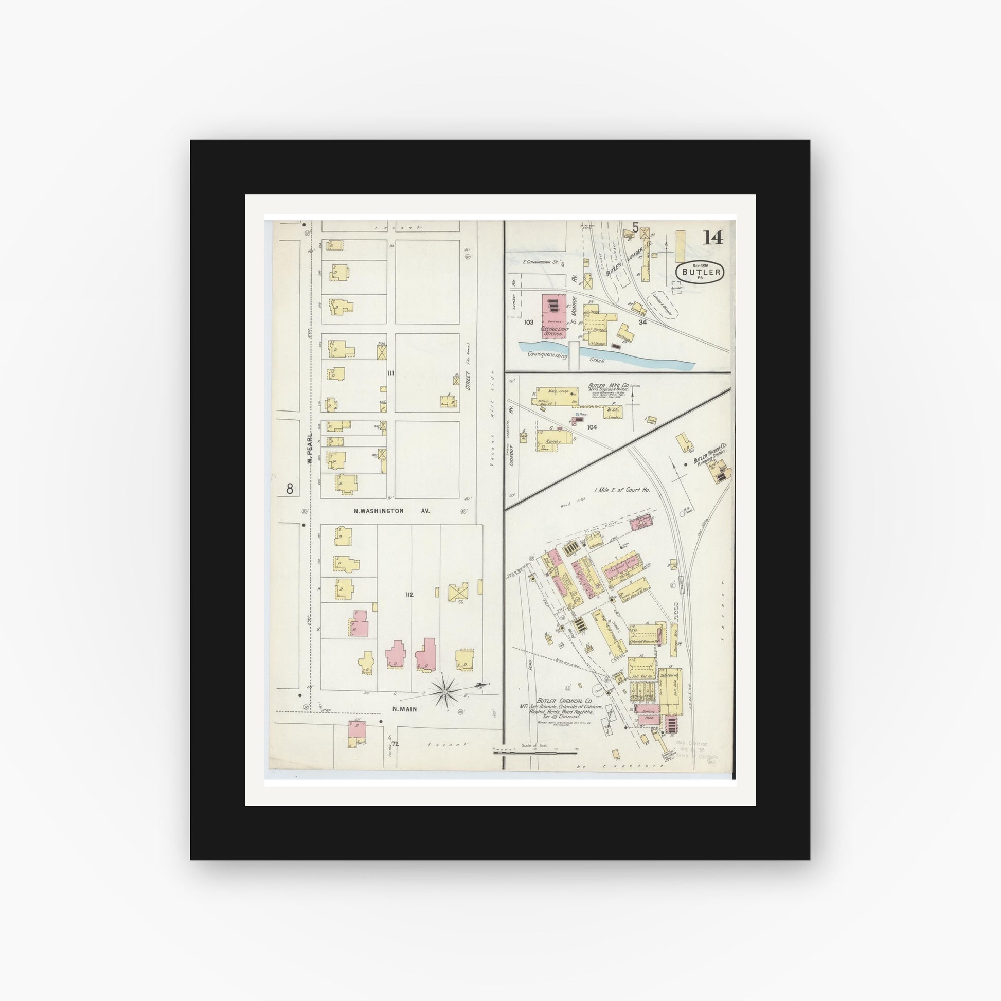 Old map wall art mockup — black gallery frame with white mat — Sanborn Fire Insurance Map from Butler, Butler County, Pennsylvania (1896), Sheet #0014
