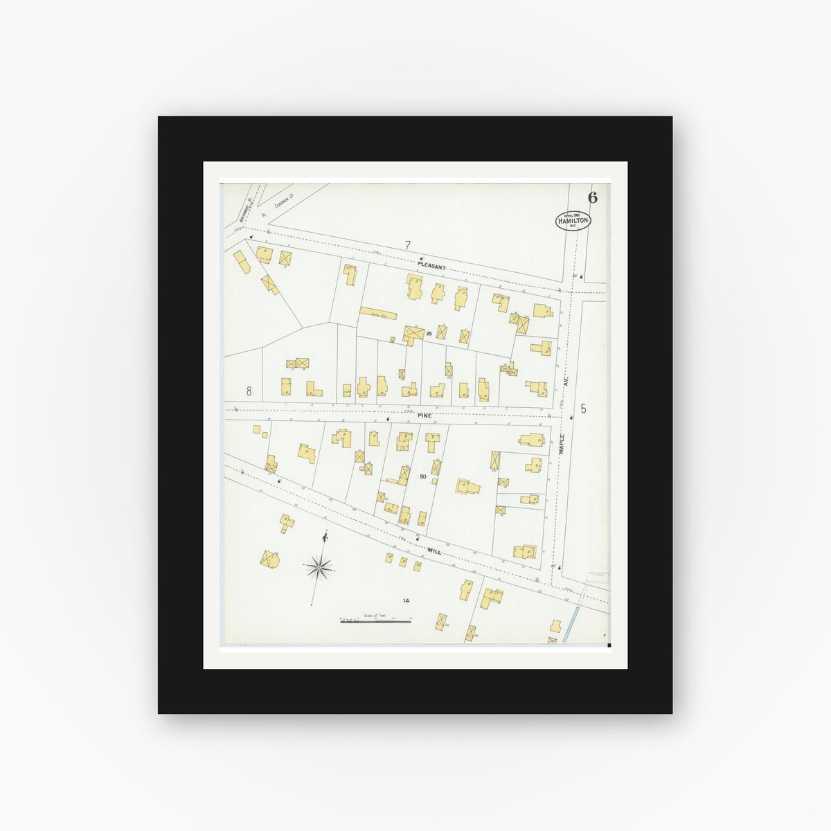 Old map wall art mockup — black gallery frame with white mat — Sanborn Fire Insurance Map from Hamilton, Madison County, New York (1901), Sheet #0006