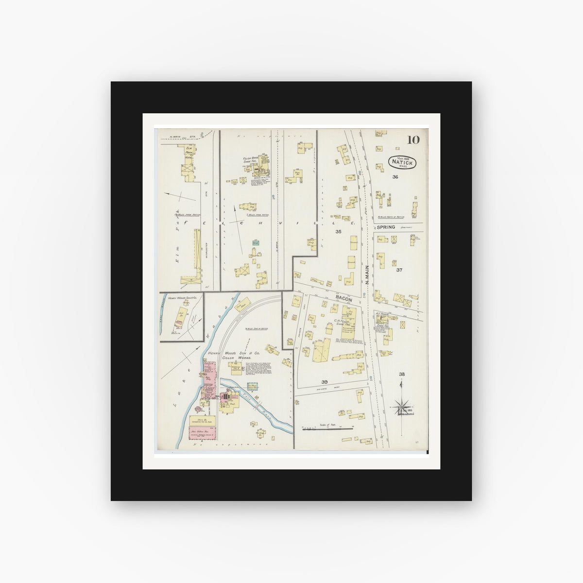 Old map wall art mockup — black gallery frame with white mat — Sanborn Fire Insurance Map from Natick, Middlesex County, Massachusetts (1888), Sheet #0010