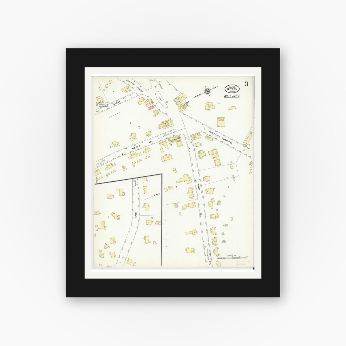 Old map wall art mockup — black gallery frame with white mat — Sanborn Fire Insurance Map from Upton, Worcester County, Massachusetts (1910), Sheet #0003