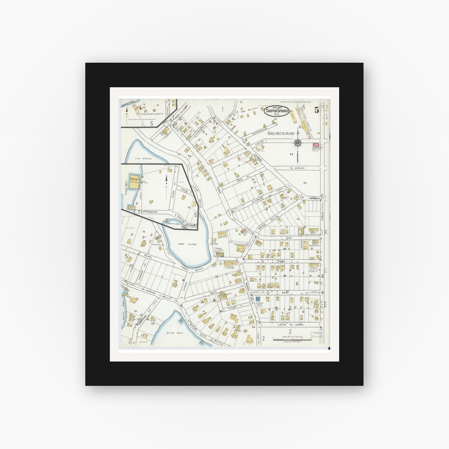 Old map wall art mockup — black gallery frame with white mat — Sanborn Fire Insurance Map from Tarpon Springs, Pinellas County, Florida (1919), Sheet #0005