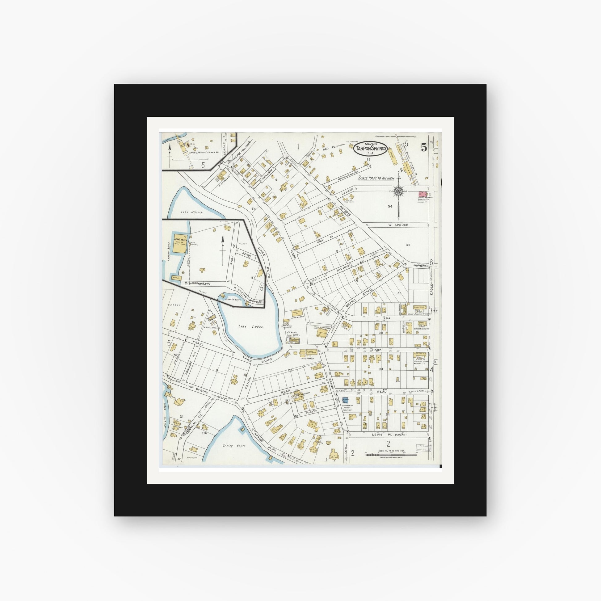 Old map wall art mockup — black gallery frame with white mat — Sanborn Fire Insurance Map from Tarpon Springs, Pinellas County, Florida (1919), Sheet #0005