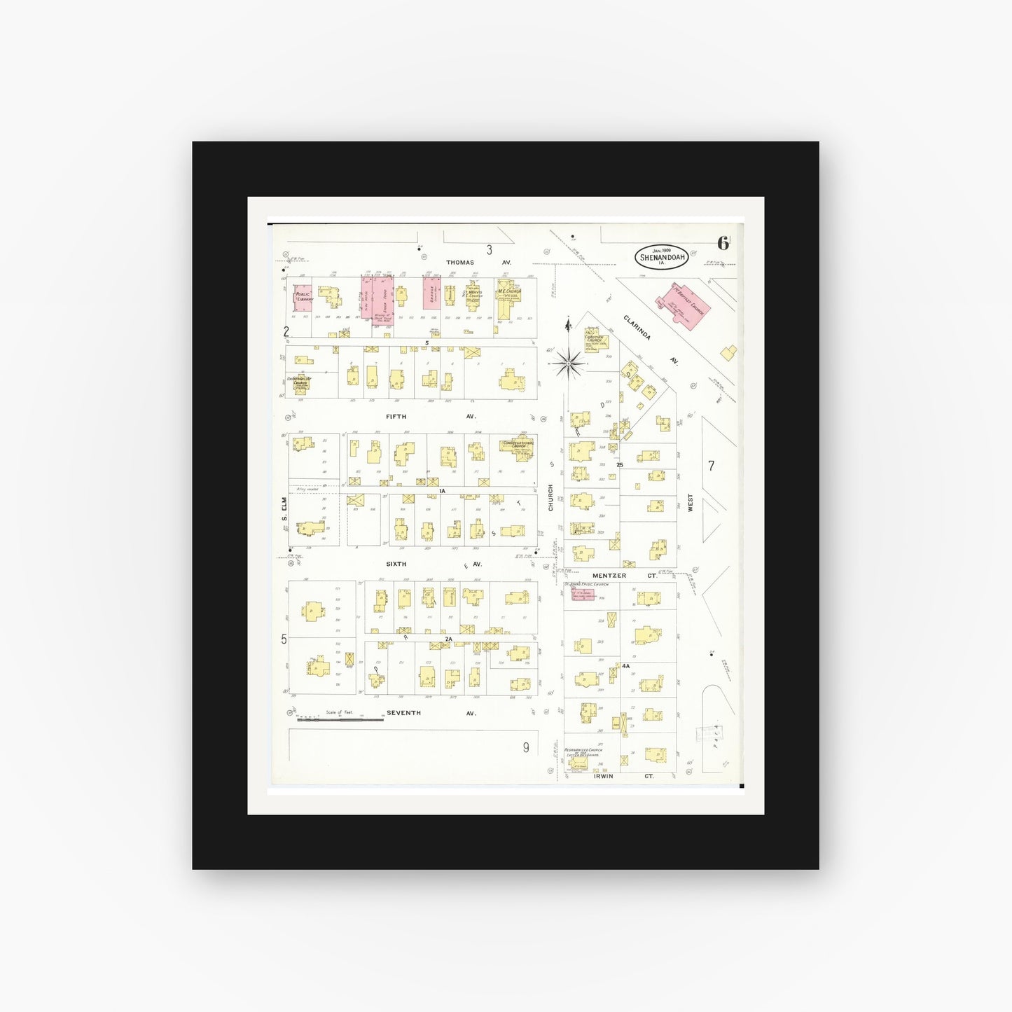 Old map wall art mockup — black gallery frame with white mat — Sanborn Fire Insurance Map from Shenandoah, Page County, Iowa (1909), Sheet #0006
