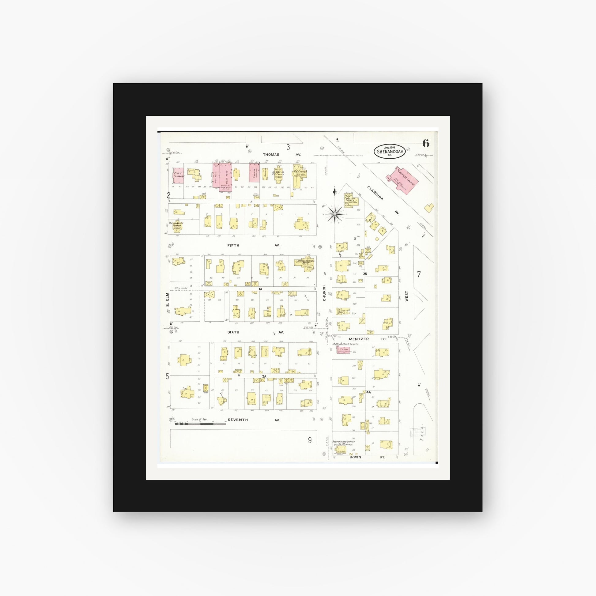 Old map wall art mockup — black gallery frame with white mat — Sanborn Fire Insurance Map from Shenandoah, Page County, Iowa (1909), Sheet #0006