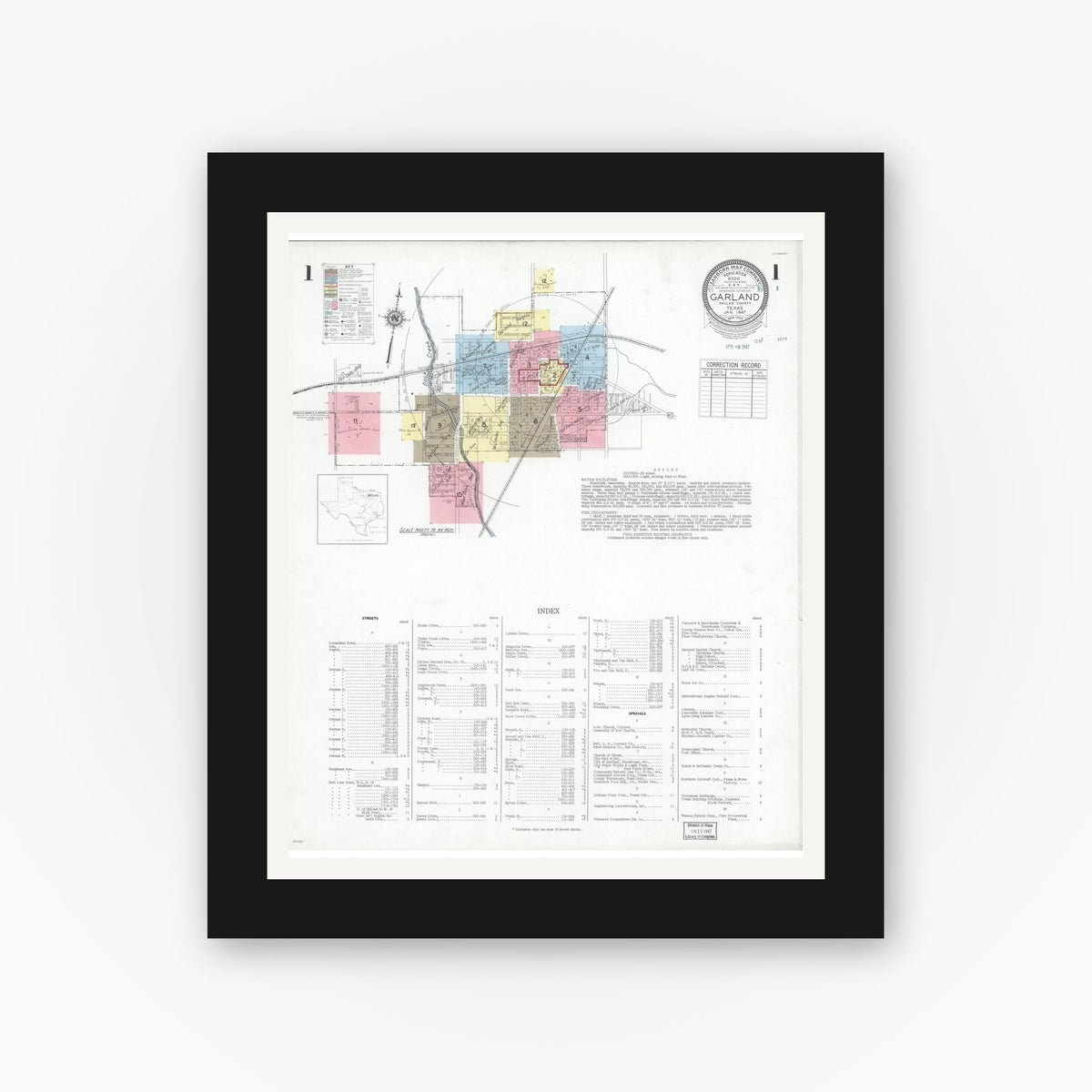 Old map wall art mockup — black gallery frame with white mat — Sanborn Fire Insurance Map from Garland, Dallas County, Texas (1947) - Complete Map Set