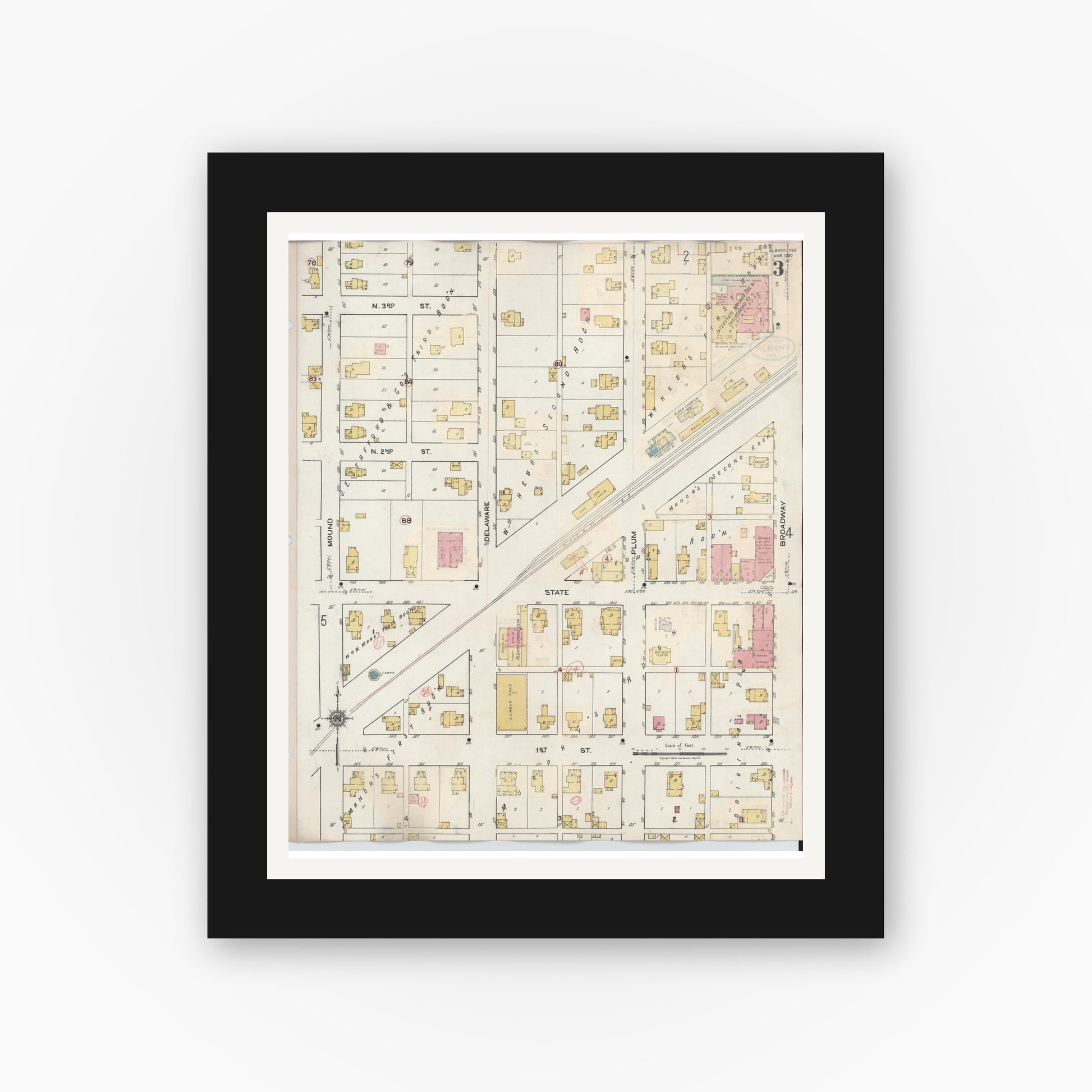 Old map wall art mockup — black gallery frame with white mat — Sanborn Fire Insurance Map from Albany, Delaware County, Indiana (1943), Sheet #0003