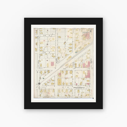Old map wall art mockup — black gallery frame with white mat — Sanborn Fire Insurance Map from Albany, Delaware County, Indiana (1943), Sheet #0003