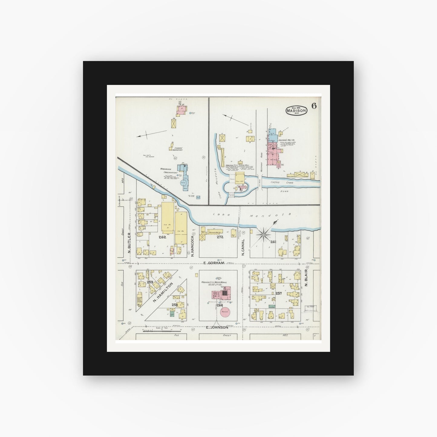 Old map wall art mockup — black gallery frame with white mat — Sanborn Fire Insurance Map from Madison, Dane County, Wisconsin (1892), Sheet #0006