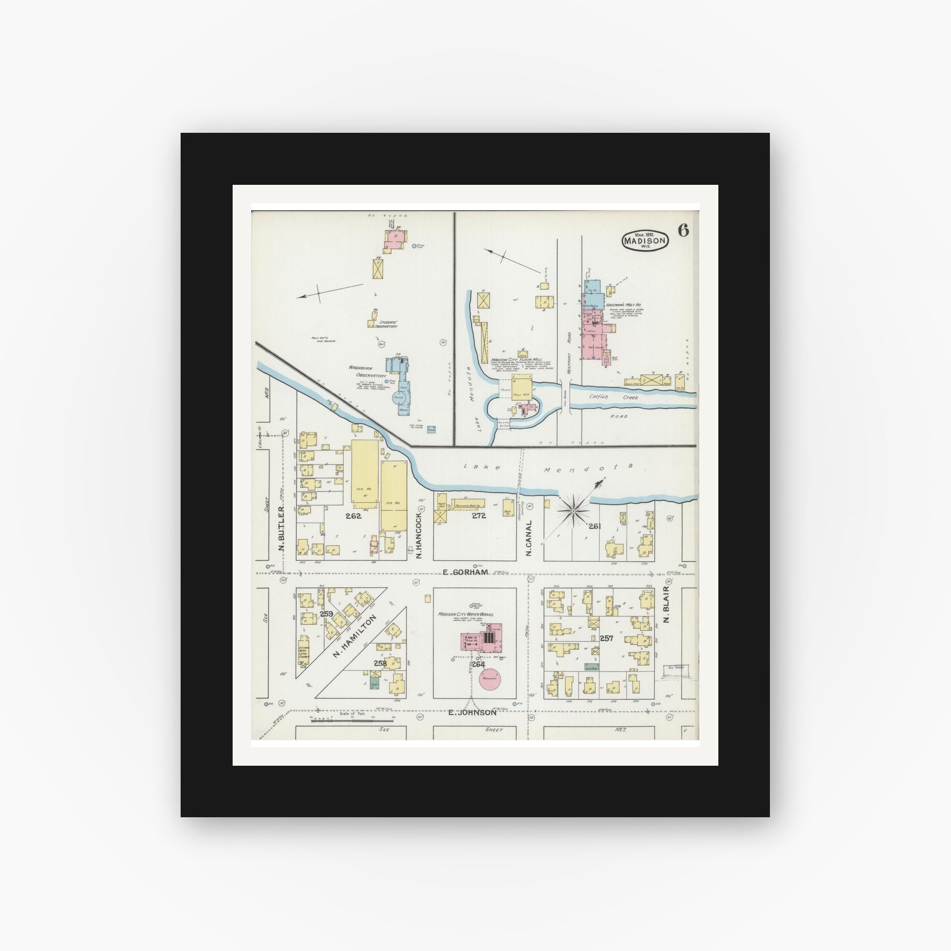 Old map wall art mockup — black gallery frame with white mat — Sanborn Fire Insurance Map from Madison, Dane County, Wisconsin (1892), Sheet #0006