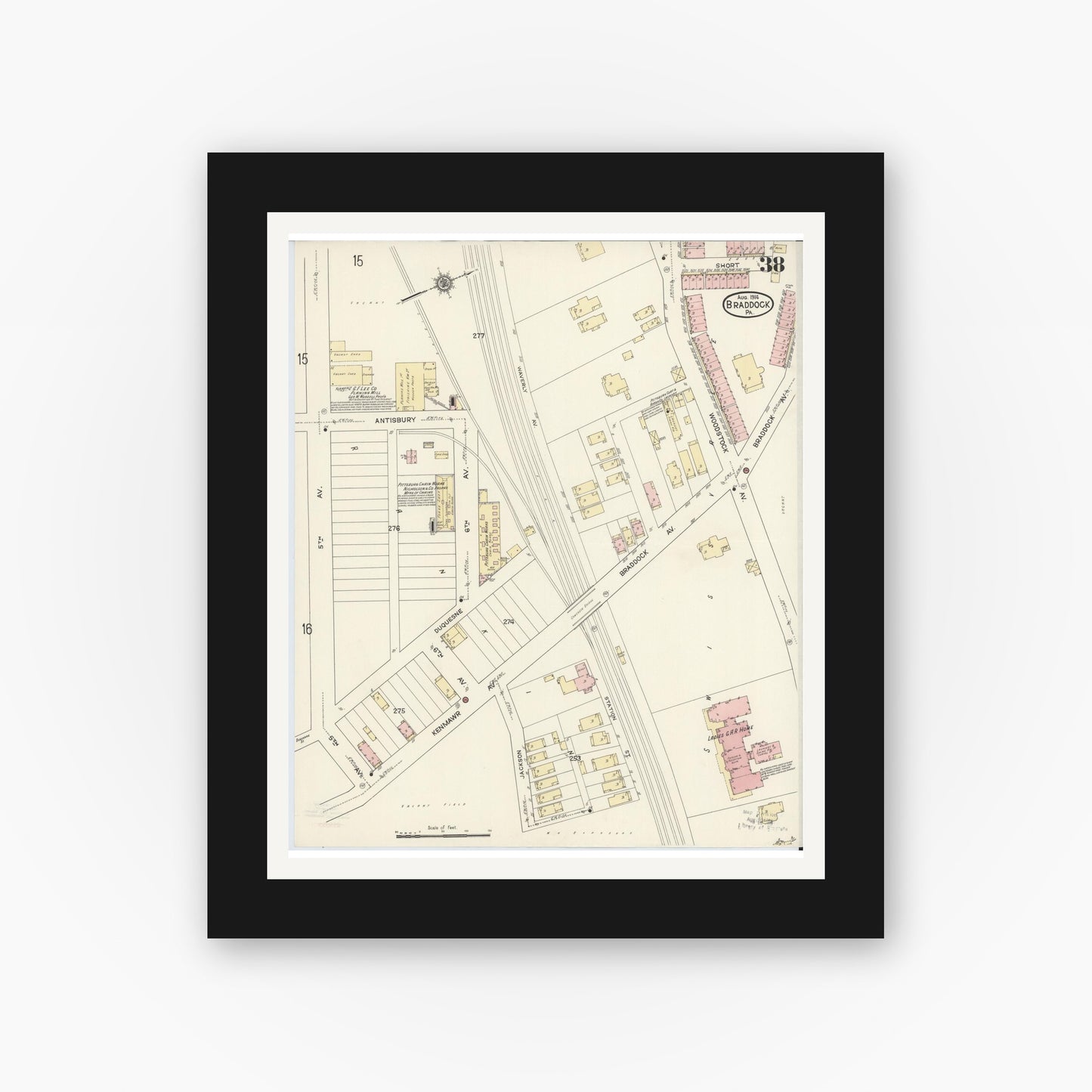 Old map wall art mockup — black gallery frame with white mat — Sanborn Fire Insurance Map from Braddock, Allegheny County, Pennsylvania (1914), Sheet #0038
