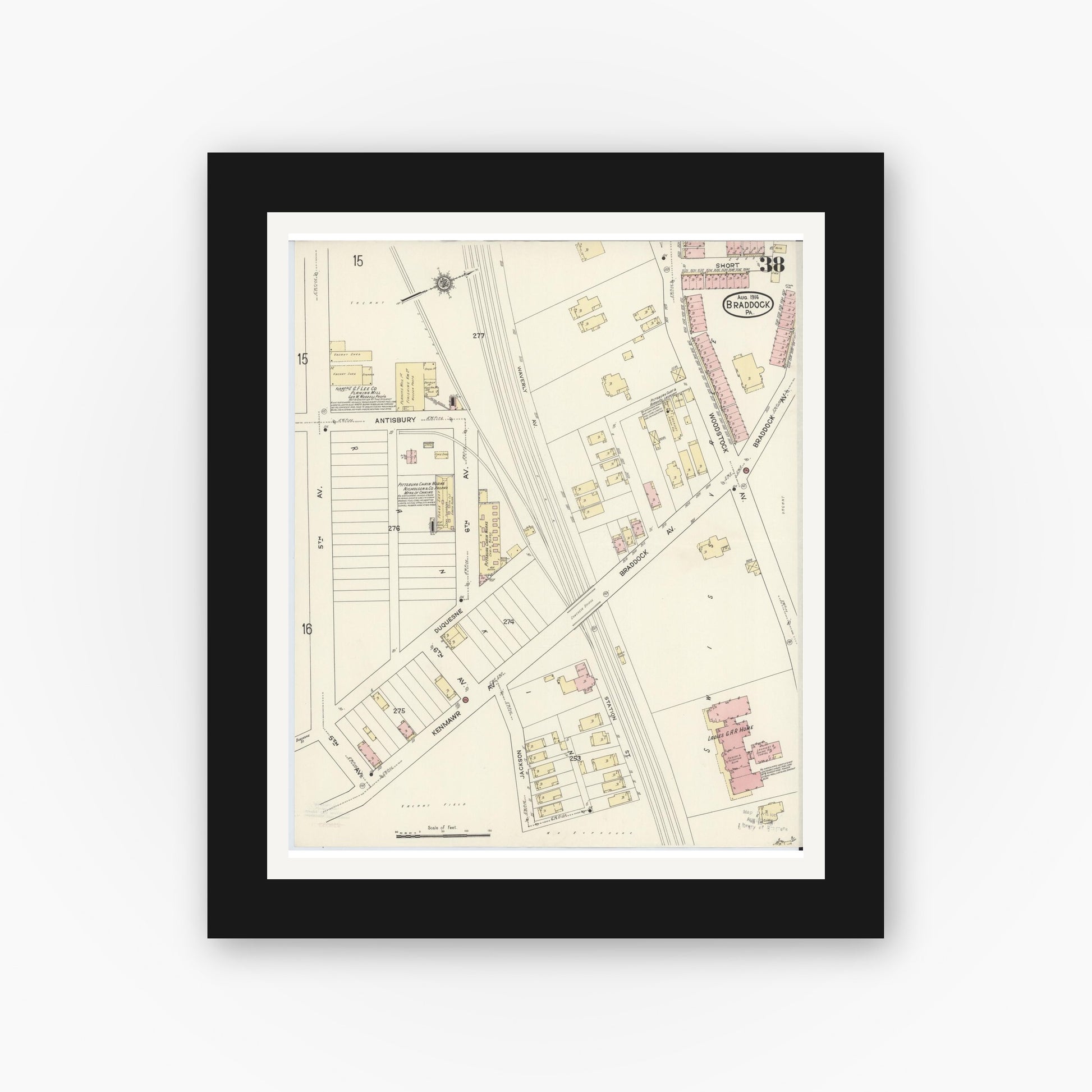 Old map wall art mockup — black gallery frame with white mat — Sanborn Fire Insurance Map from Braddock, Allegheny County, Pennsylvania (1914), Sheet #0038