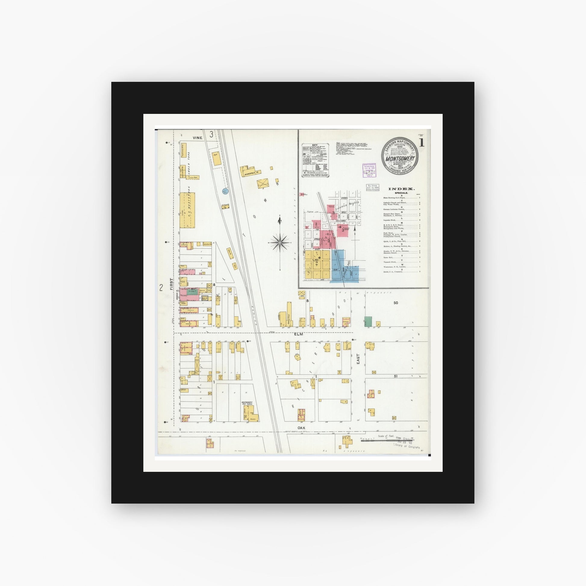 Old map wall art mockup — black gallery frame with white mat — Sanborn Fire Insurance Map from Montgomery, Le Sueur  County, Minnesota (1904) - Complete Map Set