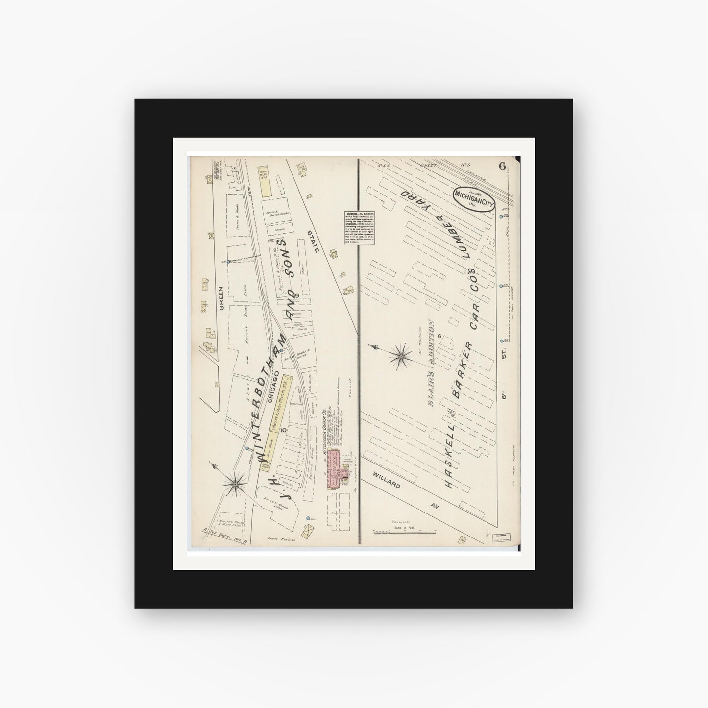 Old map wall art mockup — black gallery frame with white mat — Sanborn Fire Insurance Map from Michigan City, La Porte  County, Indiana (1884), Sheet #0006