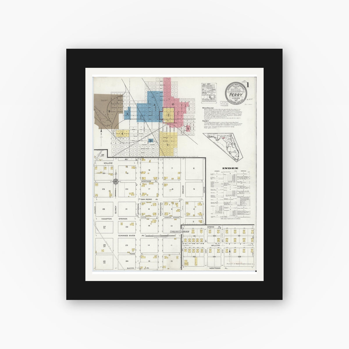 Old map wall art mockup — black gallery frame with white mat — Sanborn Fire Insurance Map from Perry, Taylor County, Florida (1917), Sheet #0001