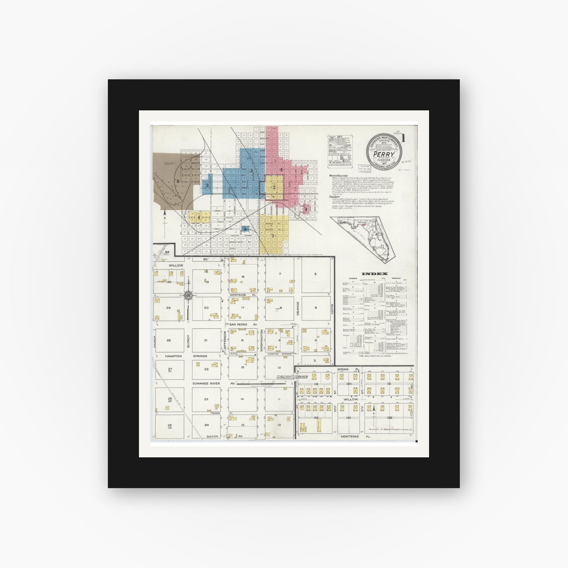 Old map wall art mockup — black gallery frame with white mat — Sanborn Fire Insurance Map from Perry, Taylor County, Florida (1917), Sheet #0001