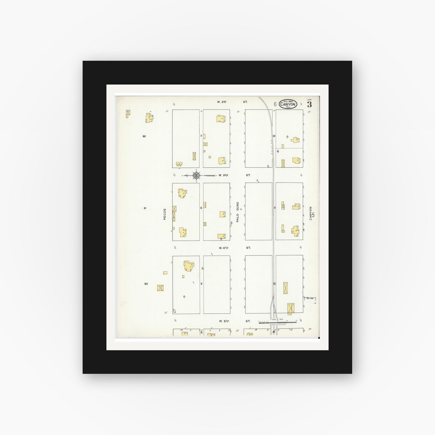 Old map wall art mockup — black gallery frame with white mat — Sanborn Fire Insurance Map from Canyon, Randall County, Texas (1920), Sheet #0003