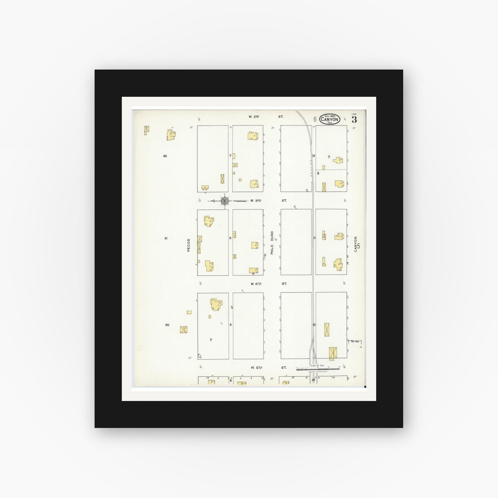 Old map wall art mockup — black gallery frame with white mat — Sanborn Fire Insurance Map from Canyon, Randall County, Texas (1920), Sheet #0003
