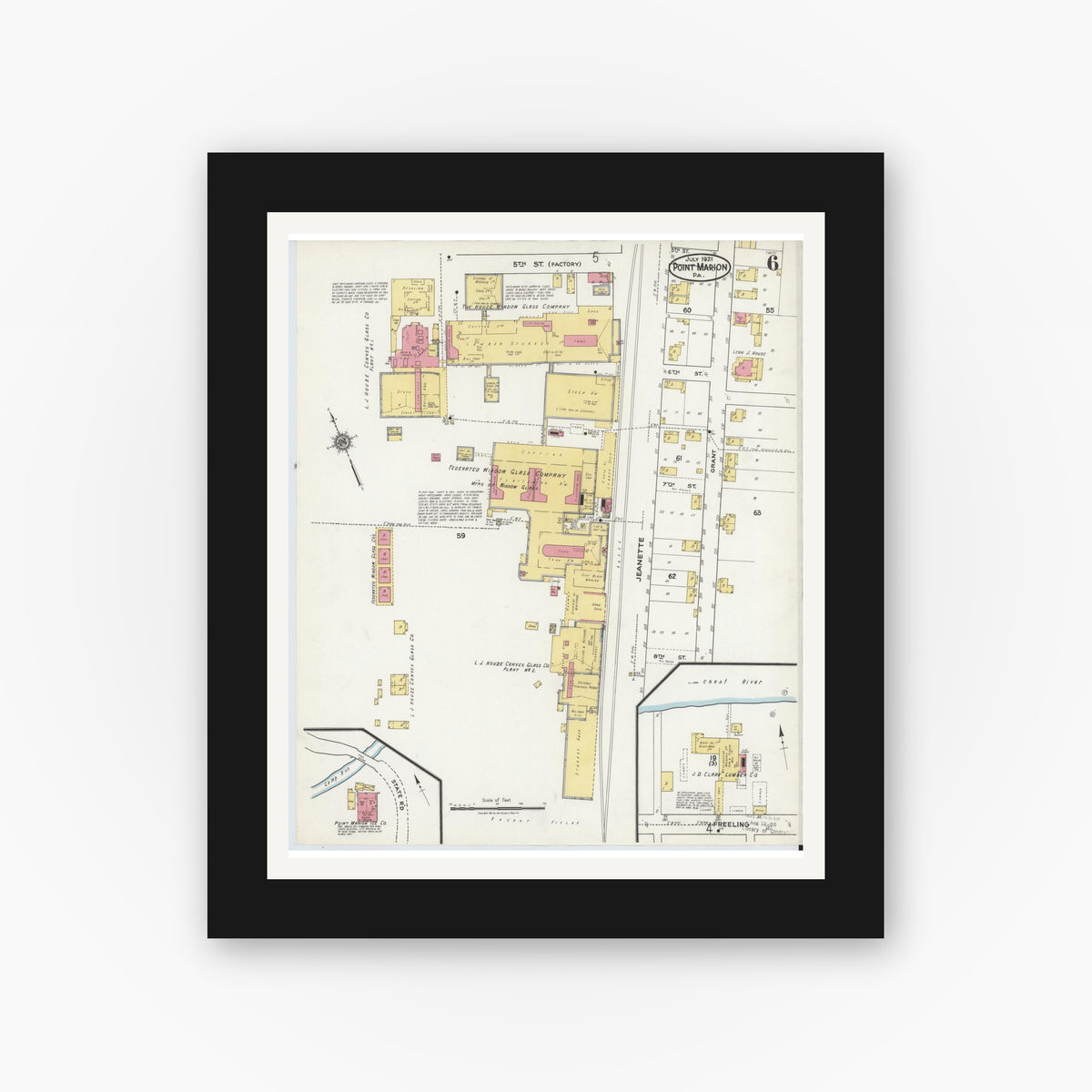 Old map wall art mockup — black gallery frame with white mat — Sanborn Fire Insurance Map from Point Marion, Fayette County, Pennsylvania (1921), Sheet #0006