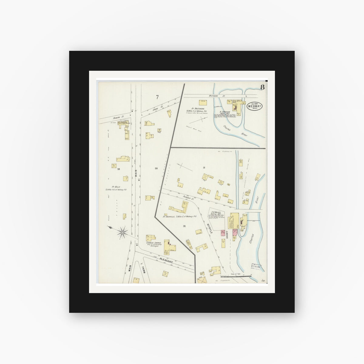 Old map wall art mockup — black gallery frame with white mat — Sanborn Fire Insurance Map from Medway, Norfolk County, Massachusetts (1897), Sheet #0008