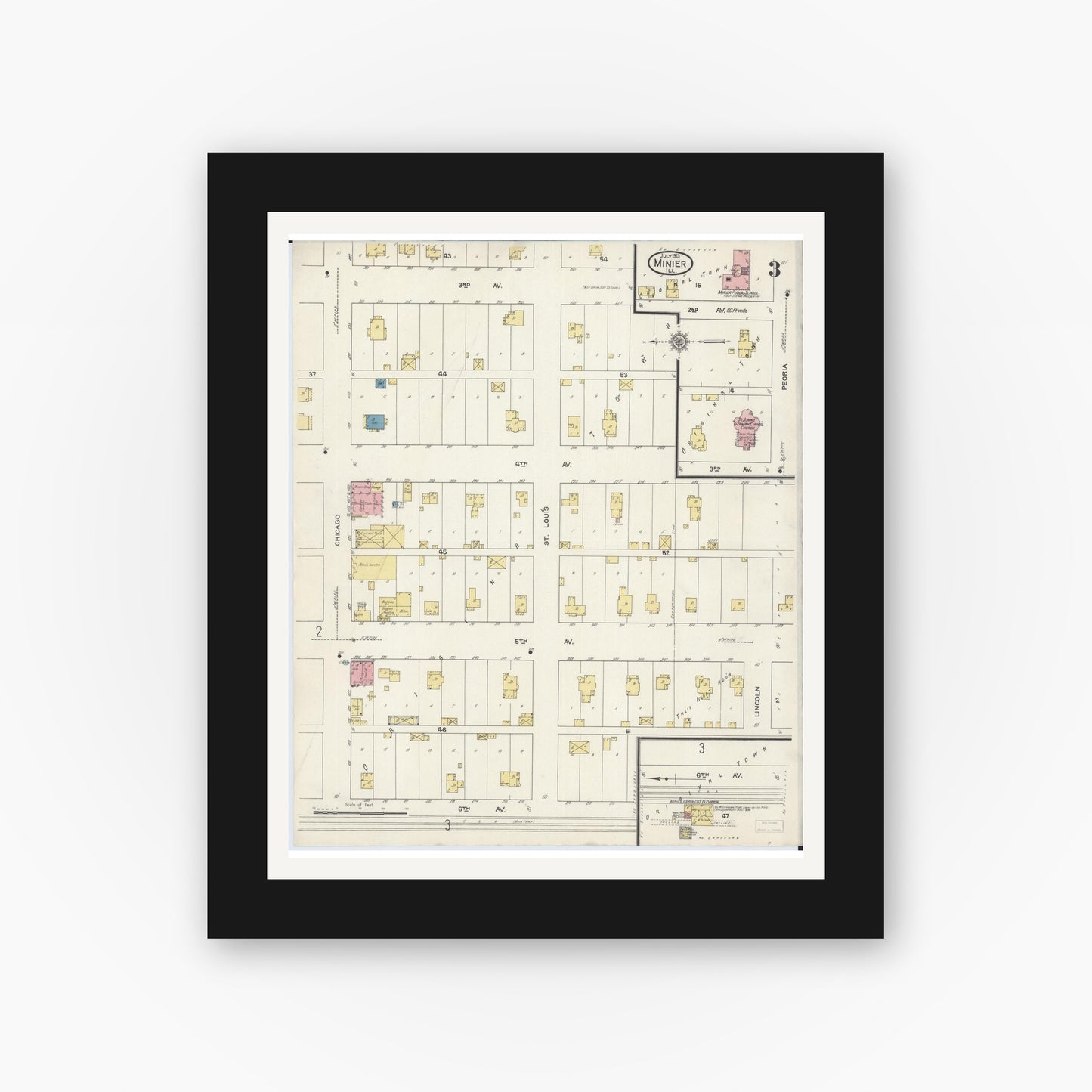 Old map wall art mockup — black gallery frame with white mat — Sanborn Fire Insurance Map from Minier, Tazewell County, Illinois (1913), Sheet #0003