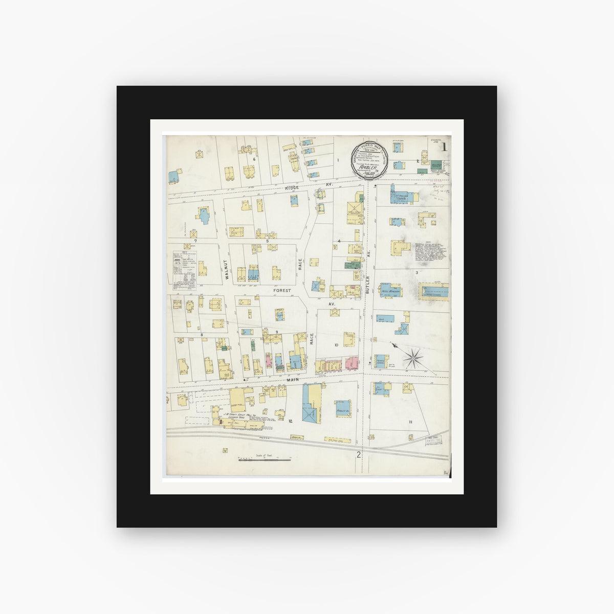 Old map wall art mockup — black gallery frame with white mat — Sanborn Fire Insurance Map from Ambler, Montgomery County, Pennsylvania (1896) - Complete Map Set