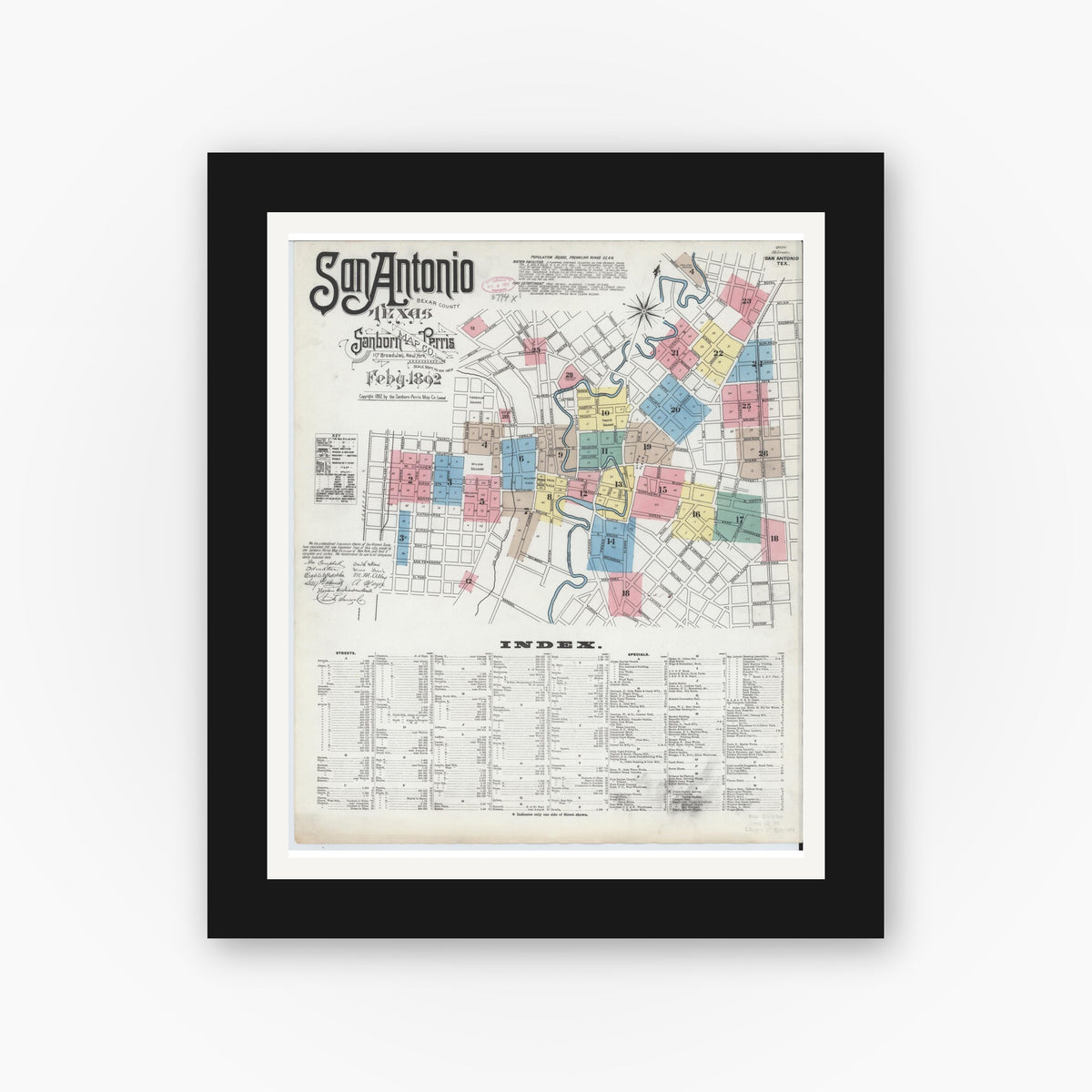 Old map wall art mockup — black gallery frame with white mat — Sanborn Fire Insurance Map from San Antonio, Bexar County, Texas (1892), Sheet #0001