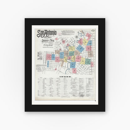 Old map wall art mockup — black gallery frame with white mat — Sanborn Fire Insurance Map from San Antonio, Bexar County, Texas (1892), Sheet #0001