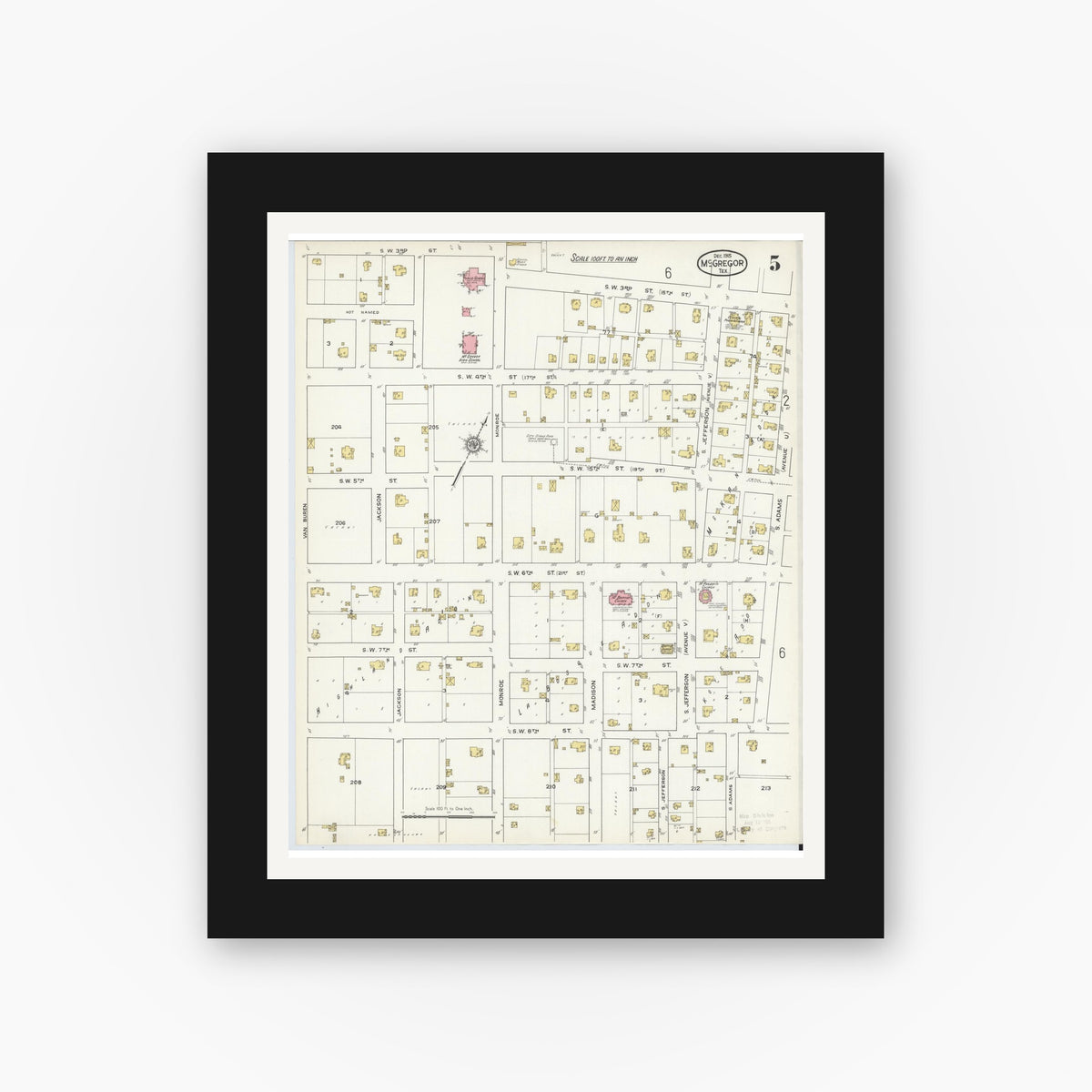Old map wall art mockup — black gallery frame with white mat — Sanborn Fire Insurance Map from McGregor, McLennan County, Texas (1915), Sheet #0005
