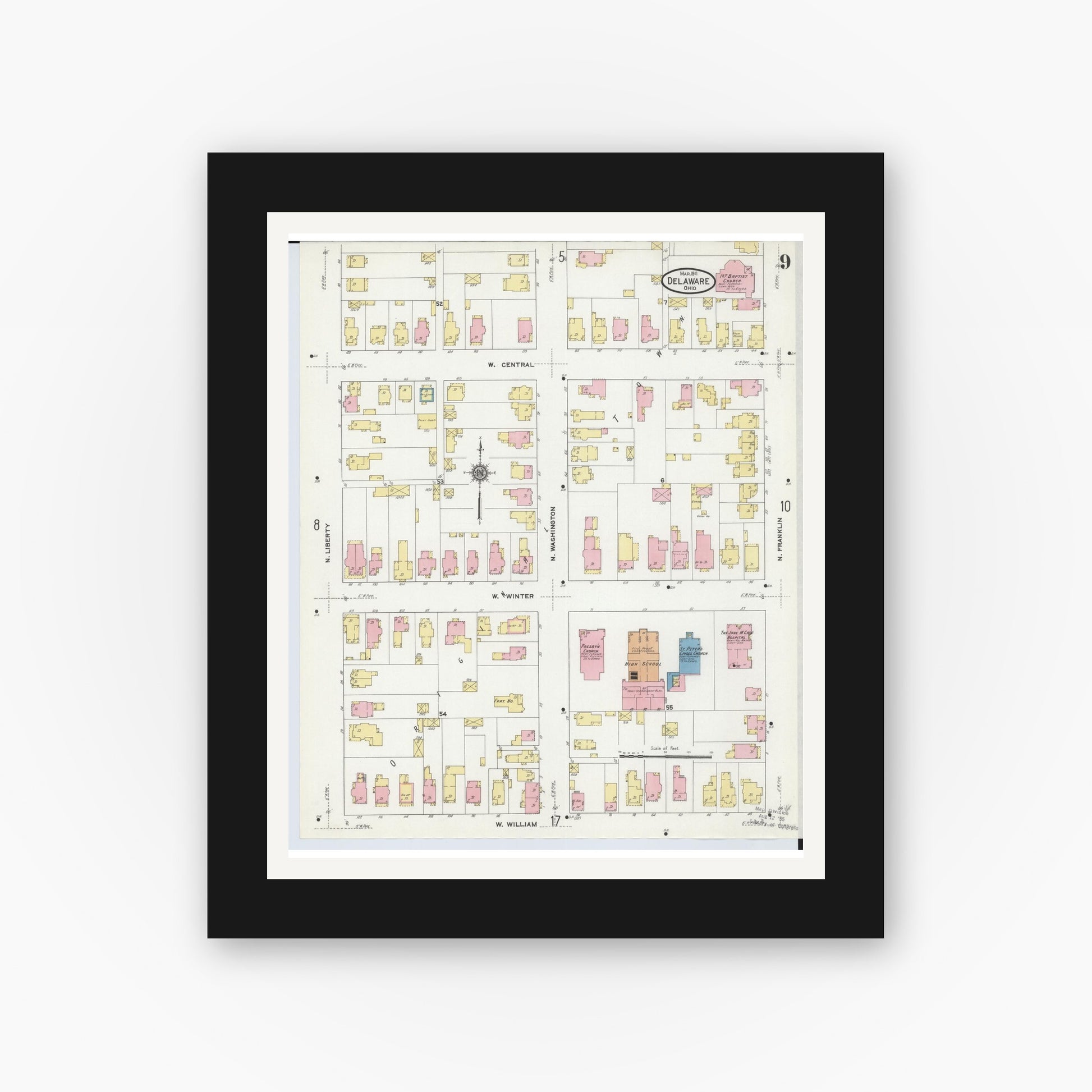Old map wall art mockup — black gallery frame with white mat — Sanborn Fire Insurance Map from Delaware, Delaware County, Ohio (1911), Sheet #0009