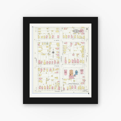 Old map wall art mockup — black gallery frame with white mat — Sanborn Fire Insurance Map from Delaware, Delaware County, Ohio (1911), Sheet #0009
