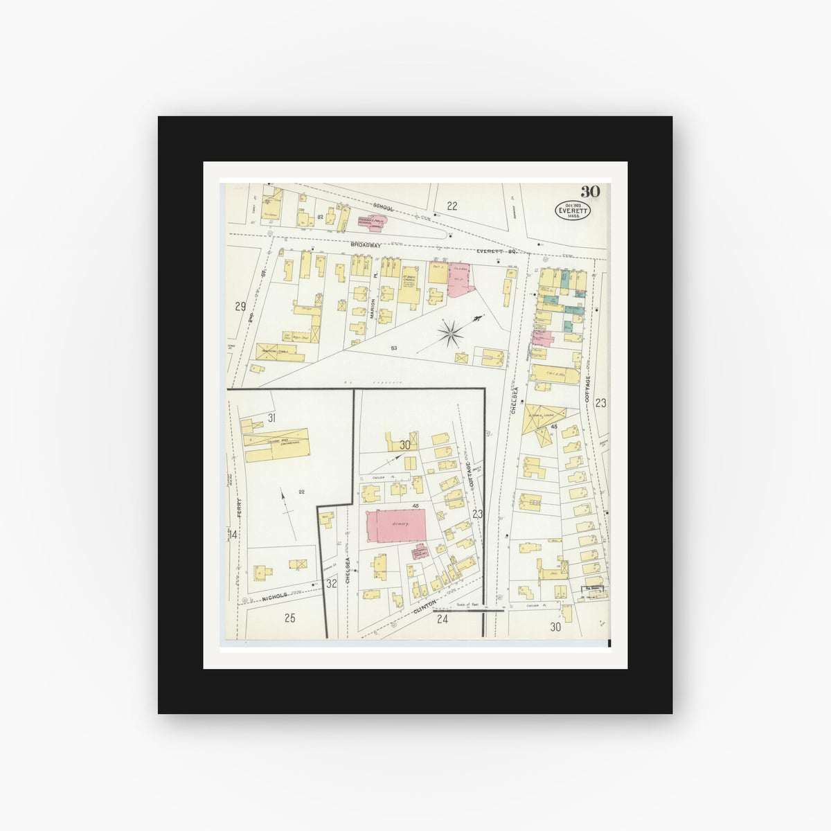 Old map wall art mockup — black gallery frame with white mat — Sanborn Fire Insurance Map from Everett, Middlesex County, Massachusetts (1903), Sheet #0030