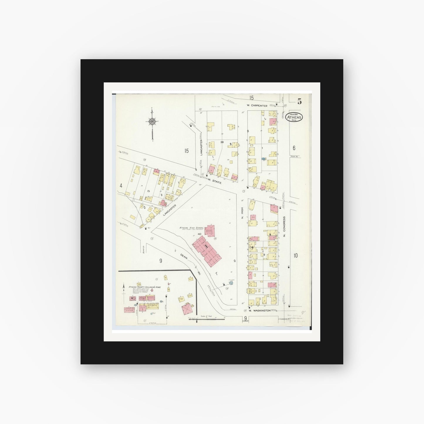 Old map wall art mockup — black gallery frame with white mat — Sanborn Fire Insurance Map from Athens, Athens County, Ohio (1914), Sheet #0005