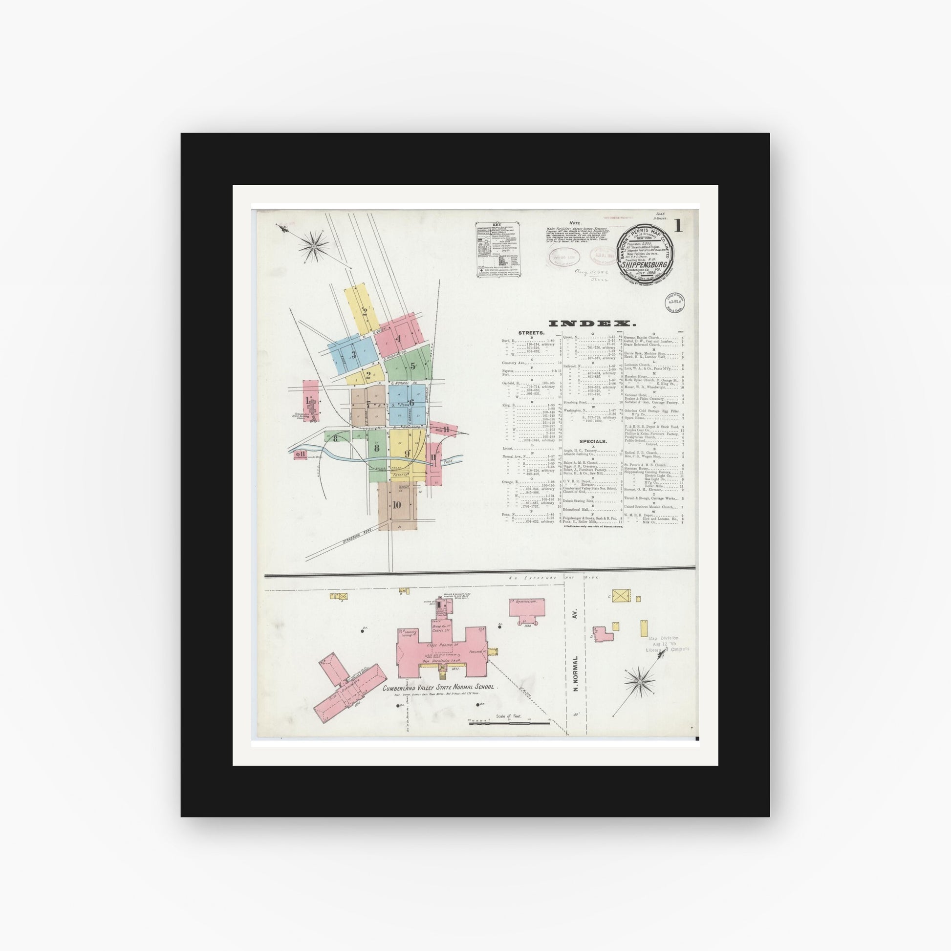 Old map wall art mockup — black gallery frame with white mat — Sanborn Fire Insurance Map from Shippensburg, Cumberland And Franklin Counties, Pennsylvania (1899) - Complete Map Set