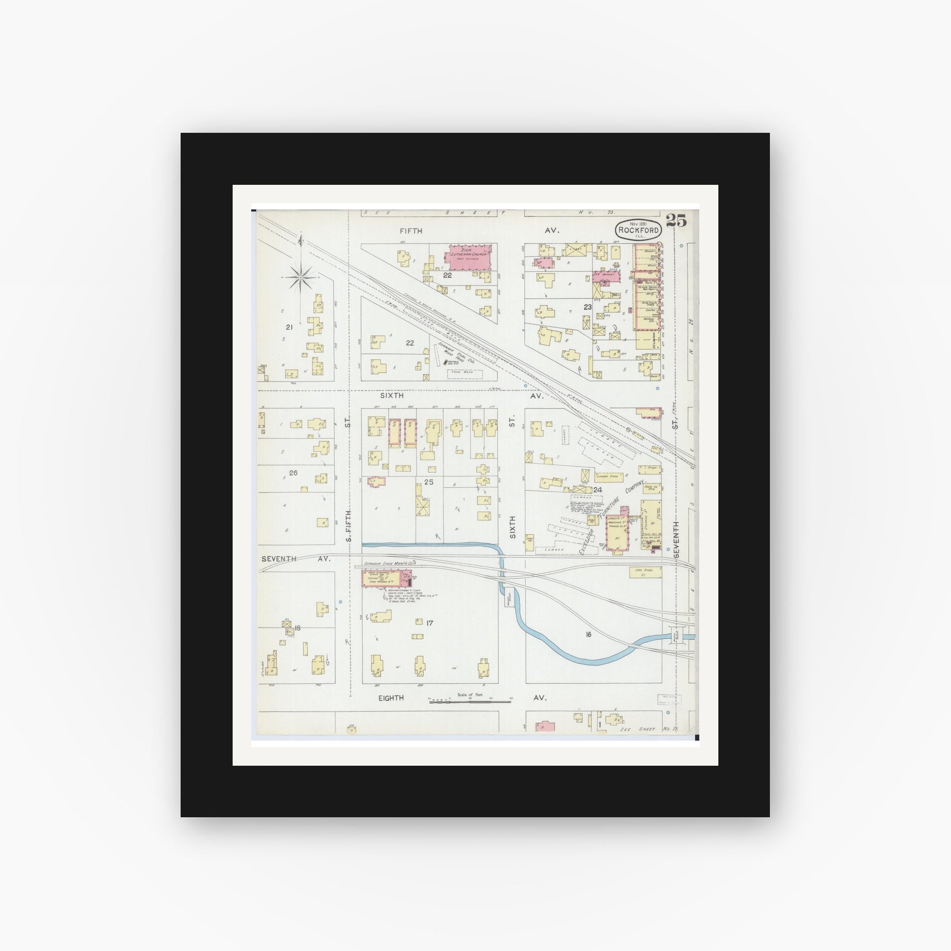 Old map wall art mockup — black gallery frame with white mat — Sanborn Fire Insurance Map from Rockford, Winnebago County, Illinois (1891), Sheet #0025
