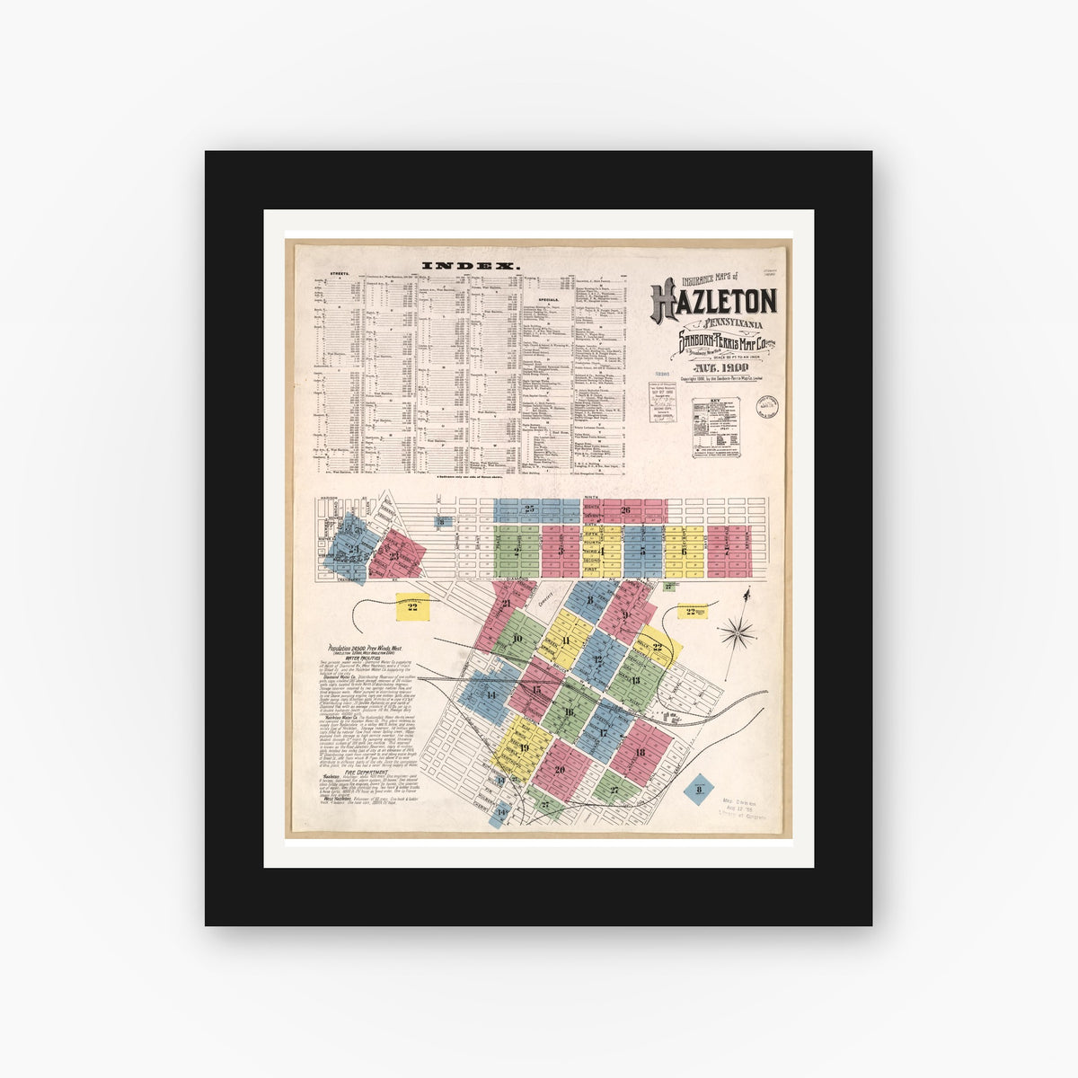 Old map wall art mockup — black gallery frame with white mat — Sanborn Fire Insurance Map from Hazleton, Luzerne County, Pennsylvania (1900), Sheet #0001