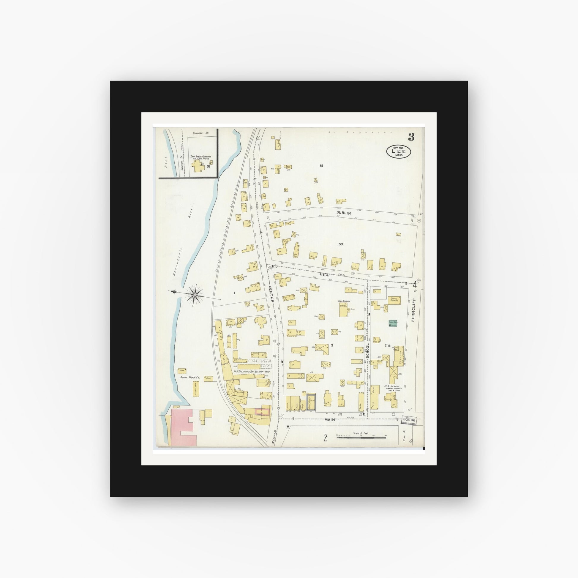 Old map wall art mockup — black gallery frame with white mat — Sanborn Fire Insurance Map from Lee, Berkshire County, Massachusetts (1905), Sheet #0003