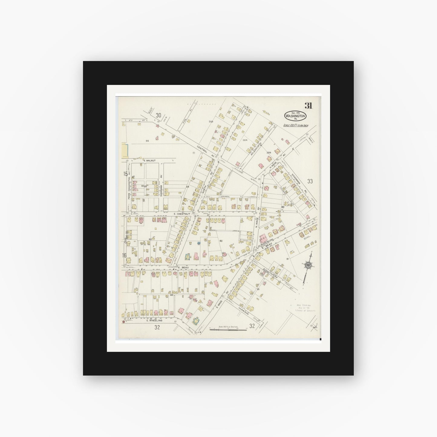 Old map wall art mockup — black gallery frame with white mat — Sanborn Fire Insurance Map from Washington, Washington County, Pennsylvania (1914), Sheet #0031