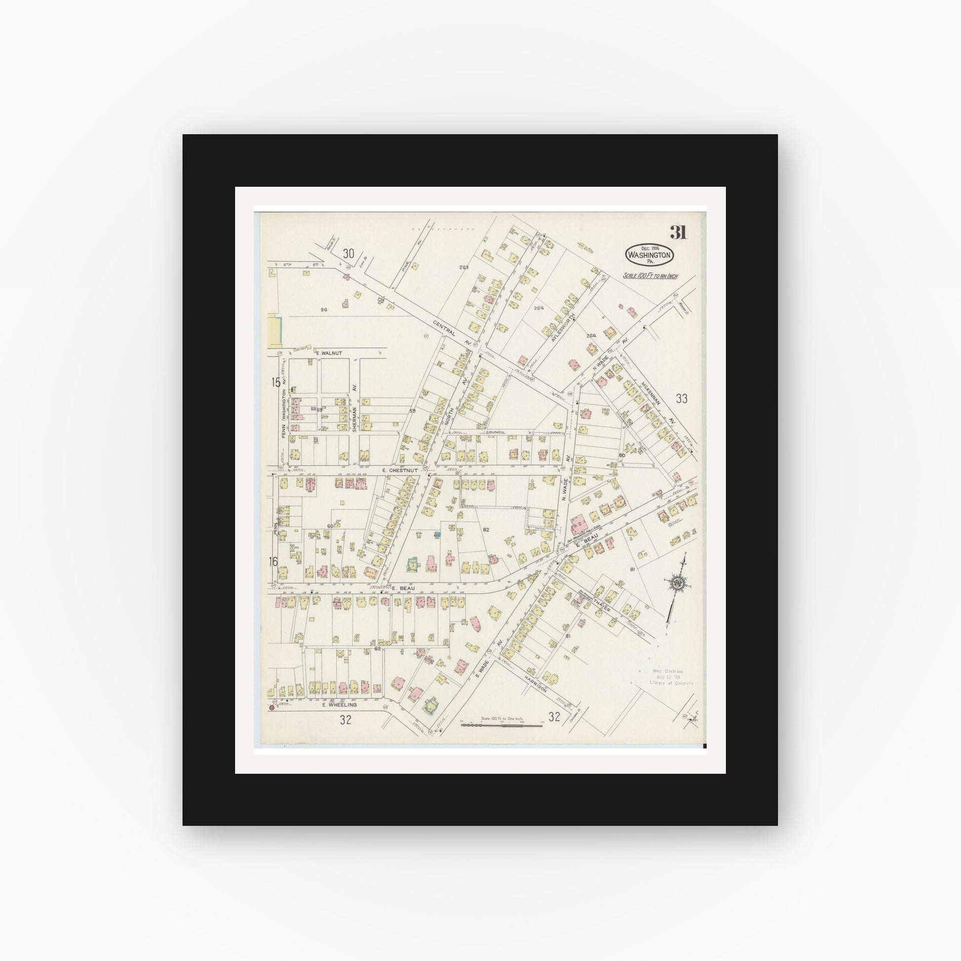 Old map wall art mockup — black gallery frame with white mat — Sanborn Fire Insurance Map from Washington, Washington County, Pennsylvania (1914), Sheet #0031