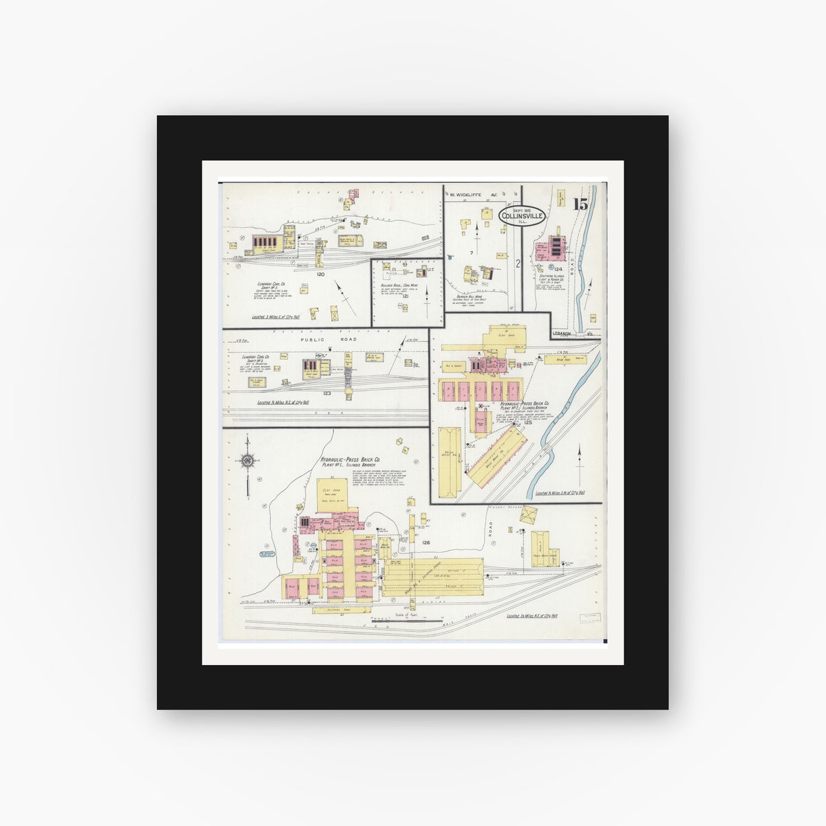 Old map wall art mockup — black gallery frame with white mat — Sanborn Fire Insurance Map from Collinsville, Madison County, Illinois (1915), Sheet #0015