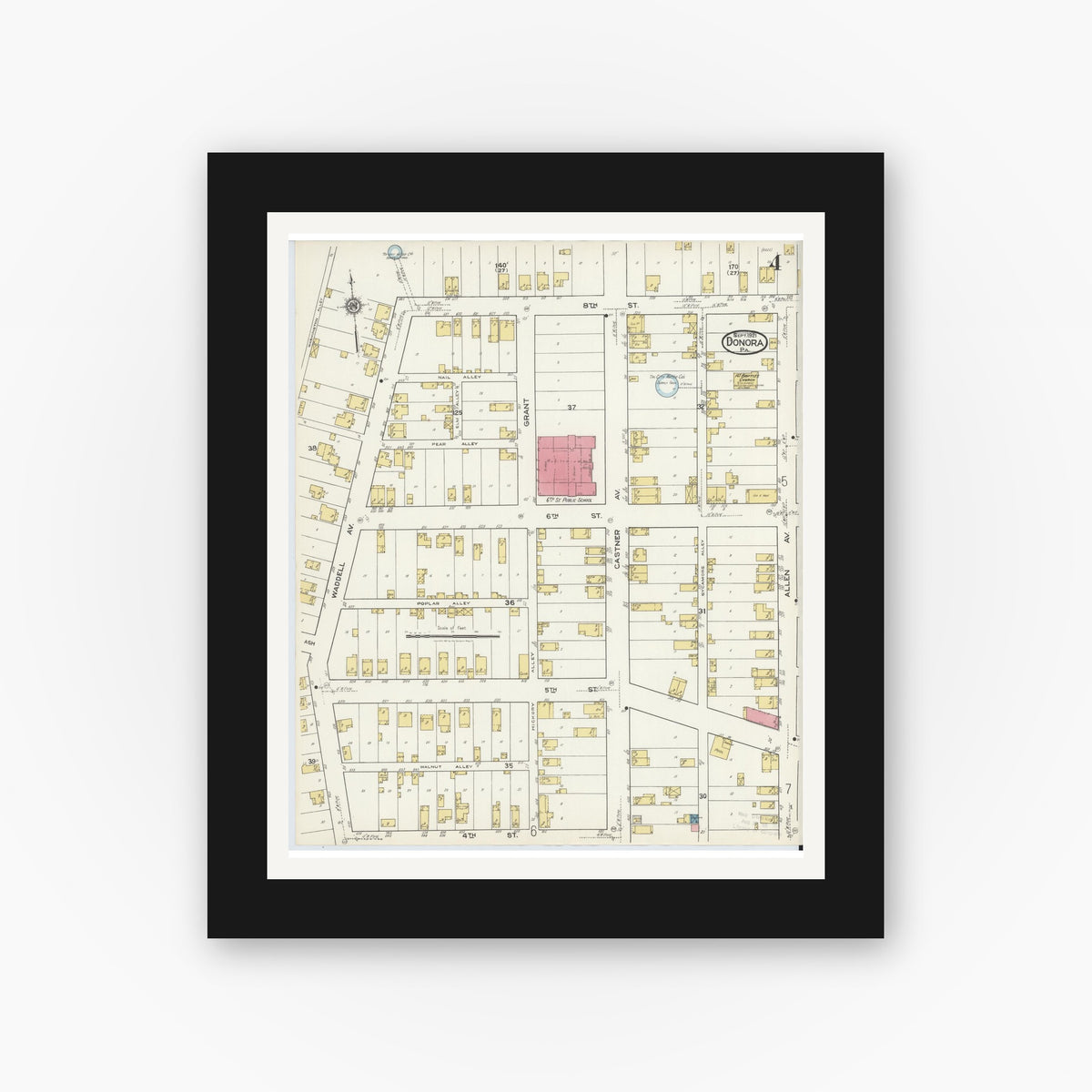Old map wall art mockup — black gallery frame with white mat — Sanborn Fire Insurance Map from Donora, Washington County, Pennsylvania (1921), Sheet #0004
