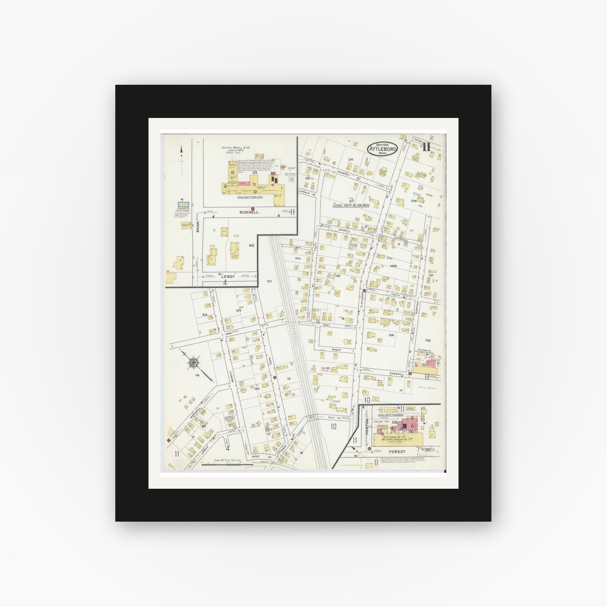 Old map wall art mockup — black gallery frame with white mat — Sanborn Fire Insurance Map from Attleboro, Bristol County, Massachusetts (1916), Sheet #0011